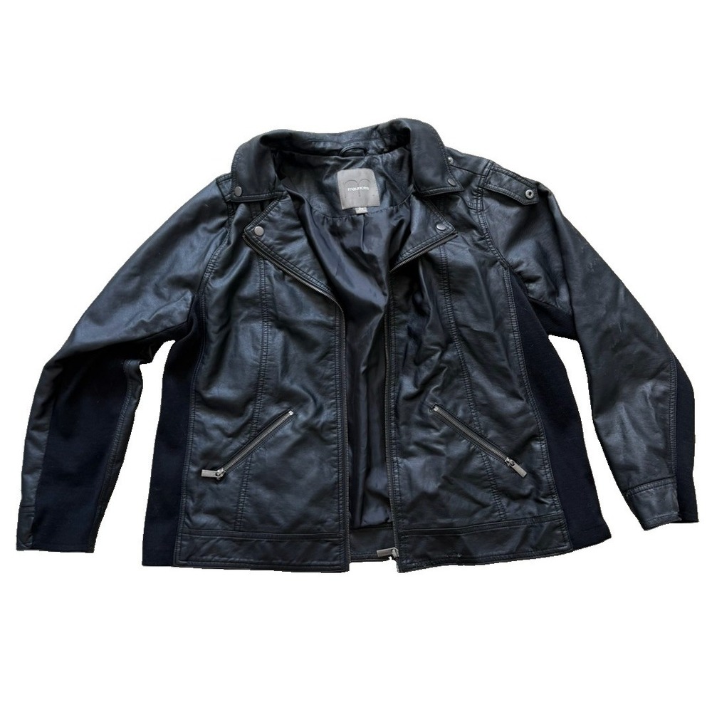 Maurices 2X Black Faux Leather Moto Jacket Knit Panels Plus Size Biker